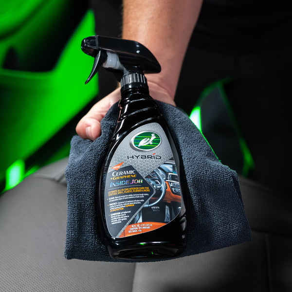 HS Inside Job applied to steering wheel and trim areas, showing effective dirt lift and streak-free finish ideal for interior detailing.