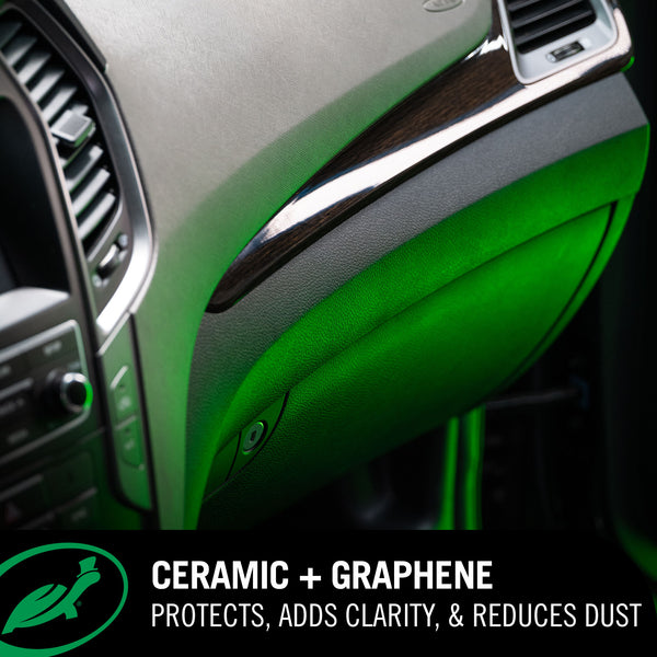 Car interior with ceramic and graphene coating on dashboard