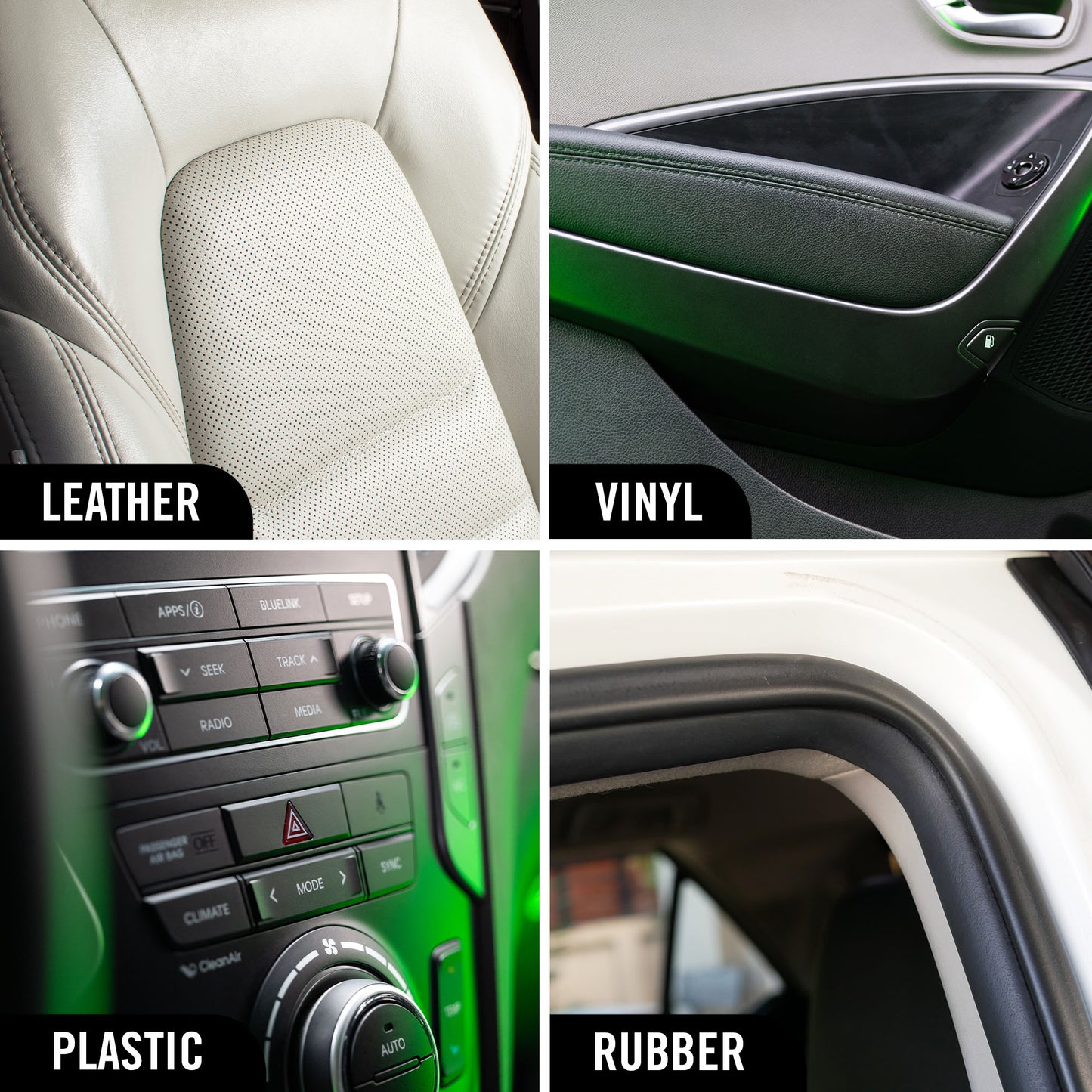 Car interior components labeled as leather, vinyl, plastic, and rubber.