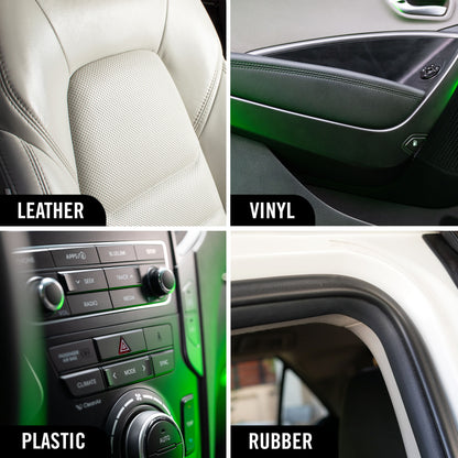 Car interior components labeled as leather, vinyl, plastic, and rubber.