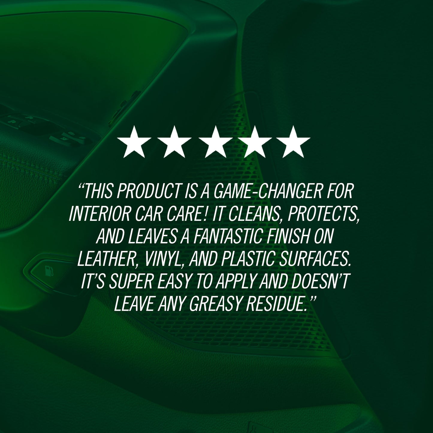 Car interior with five-star rating and product description text overlay