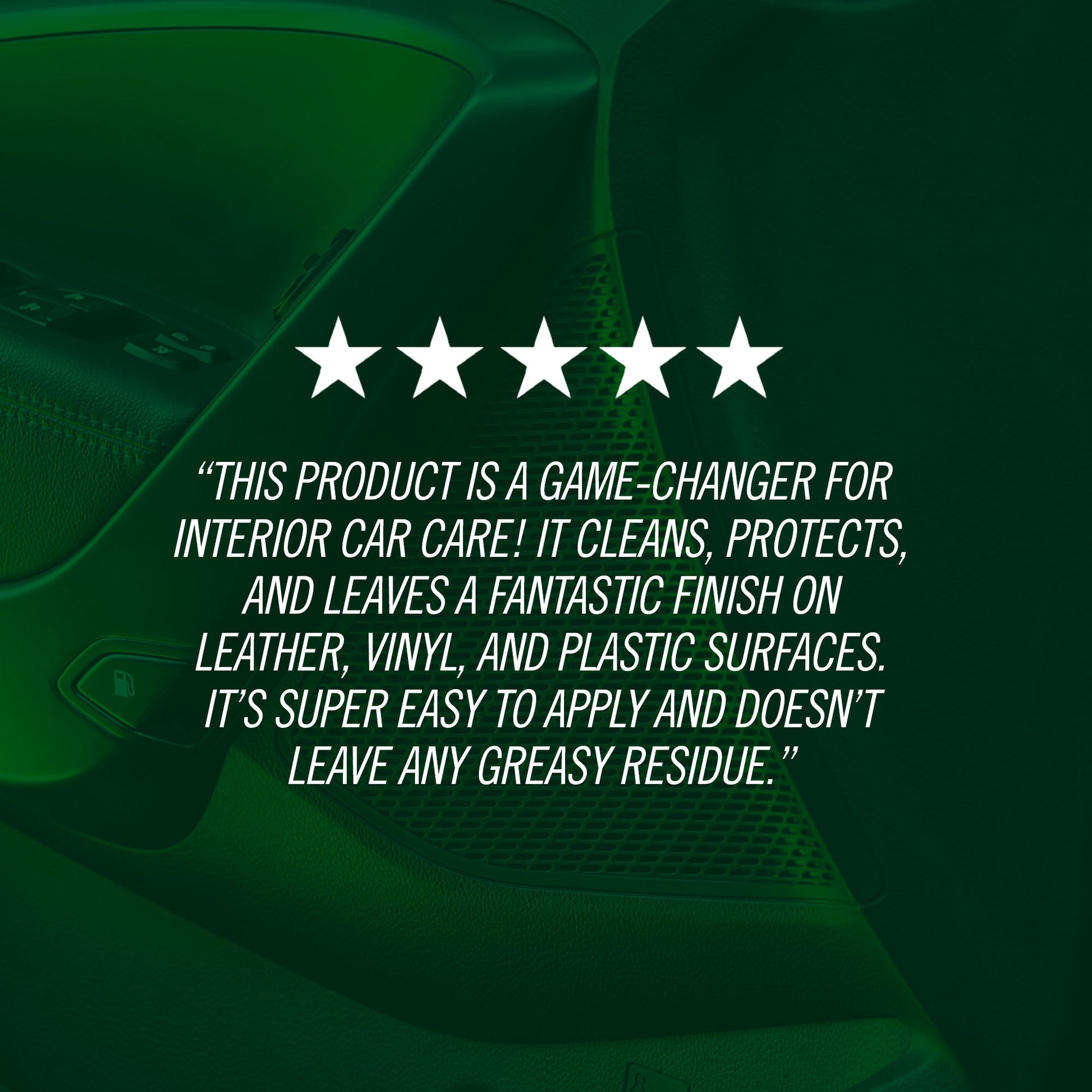 Car interior with five-star rating and product description text overlay
