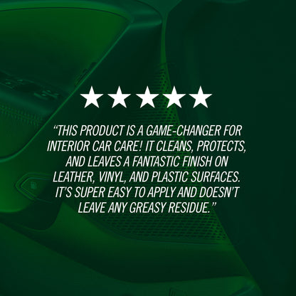 Car interior with five-star rating and product description text overlay