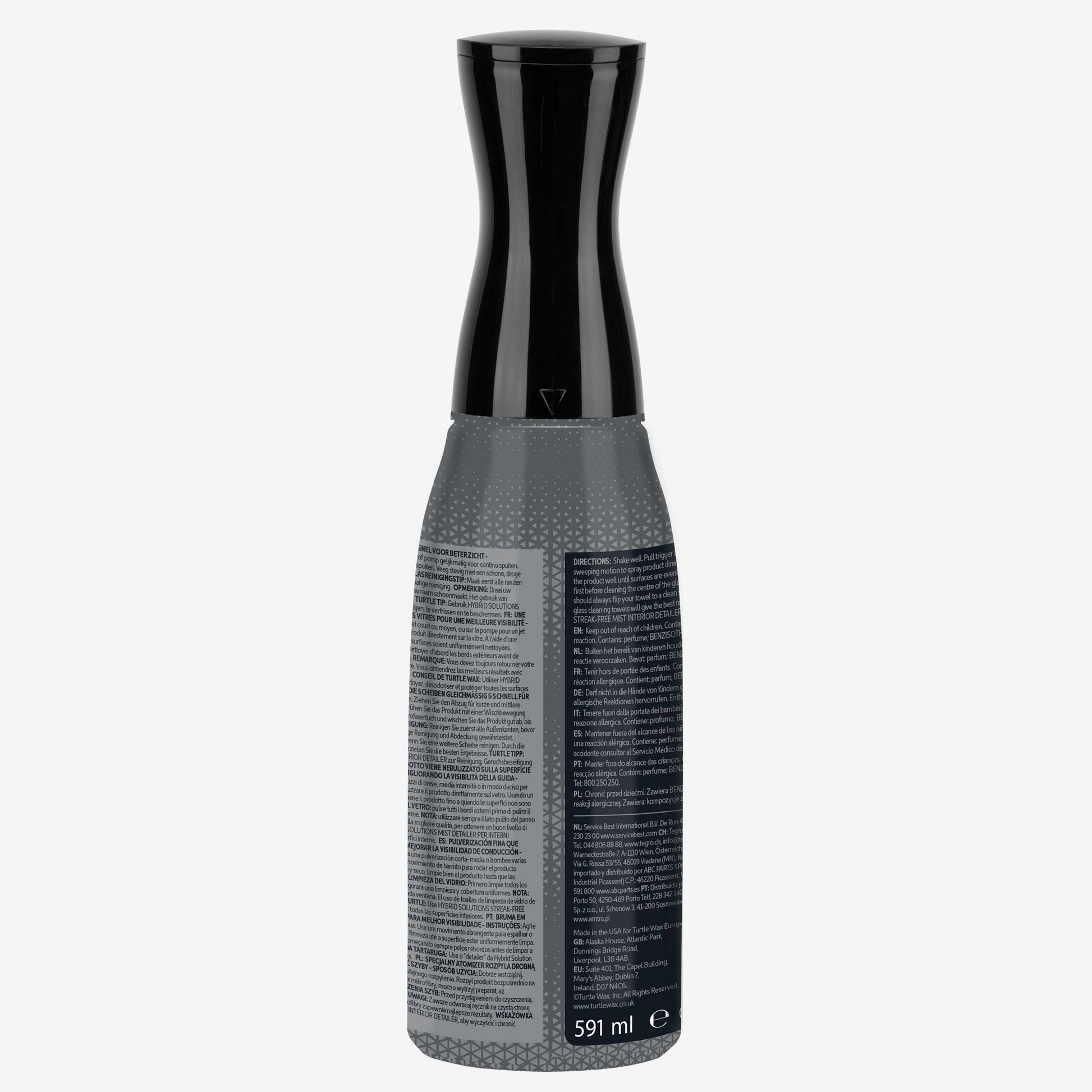 Hybrid Solutions car glass cleaner by Turtle Wax. Streak-free mist, for use inside & out. Detailer improves driving visibility. 591ml. Back of packaging