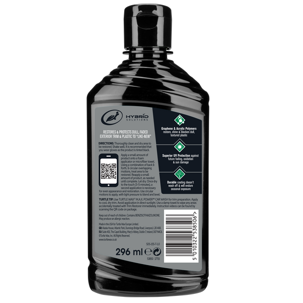 Turtle Wax Hybrid Solutions graphene trim restorer bottle, 296ml. It renews, protects dull exterior plastic. Scan the QR code for video tips.