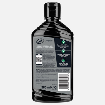 Turtle Wax Hybrid Solutions graphene trim restorer bottle, 296ml. It renews, protects dull exterior plastic. Scan the QR code for video tips.