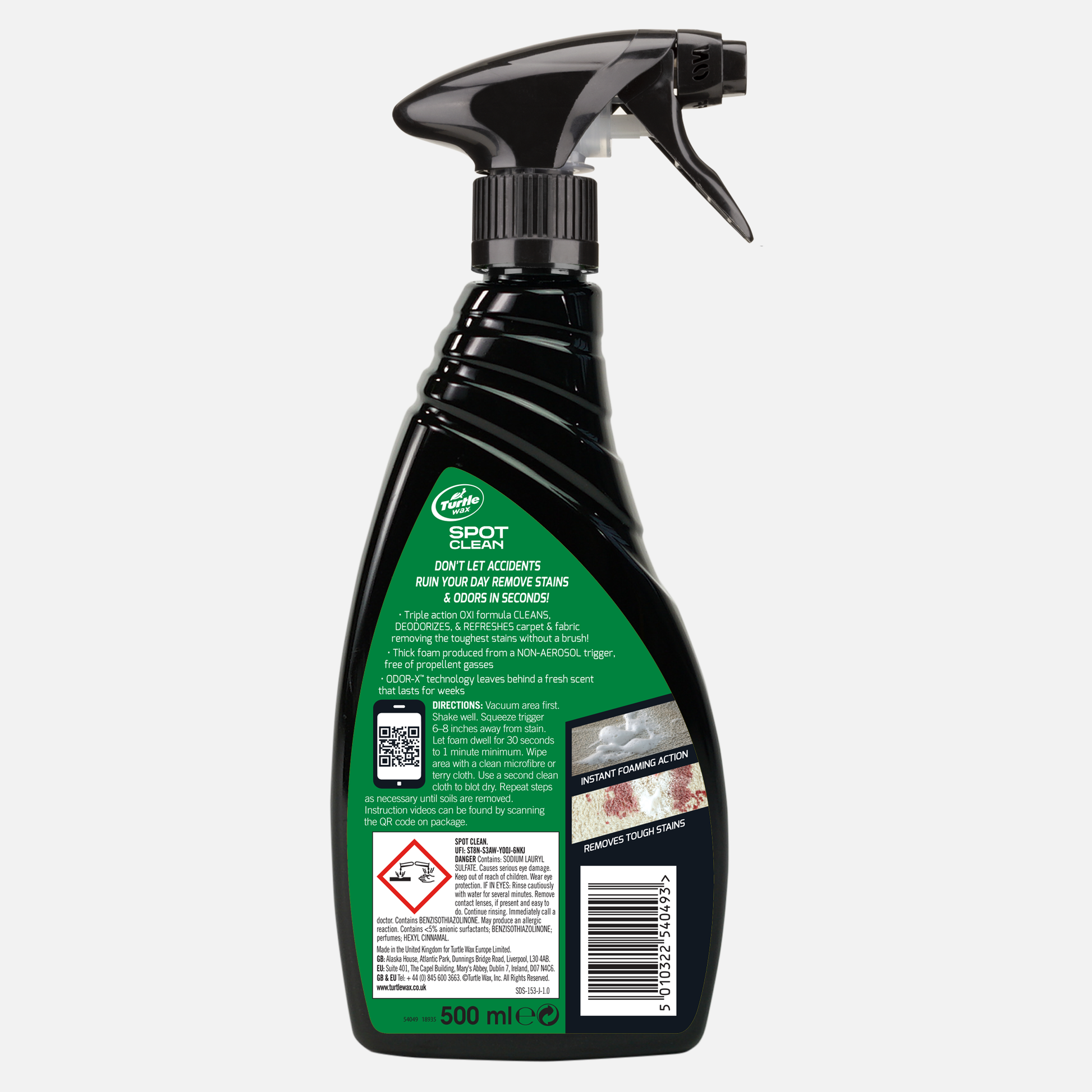 Turtle Wax stain & odour remover with spray nozzle. Designed to clean, deodorise and refresh carpets and fabrics. 500ml capacity.
