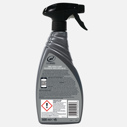 Turtle Wax Hybrid Solutions Fabric Cleaner. Car interior & convertible hood grime, stains. 500ml spray bottle. Made in the UK. Back of packaging