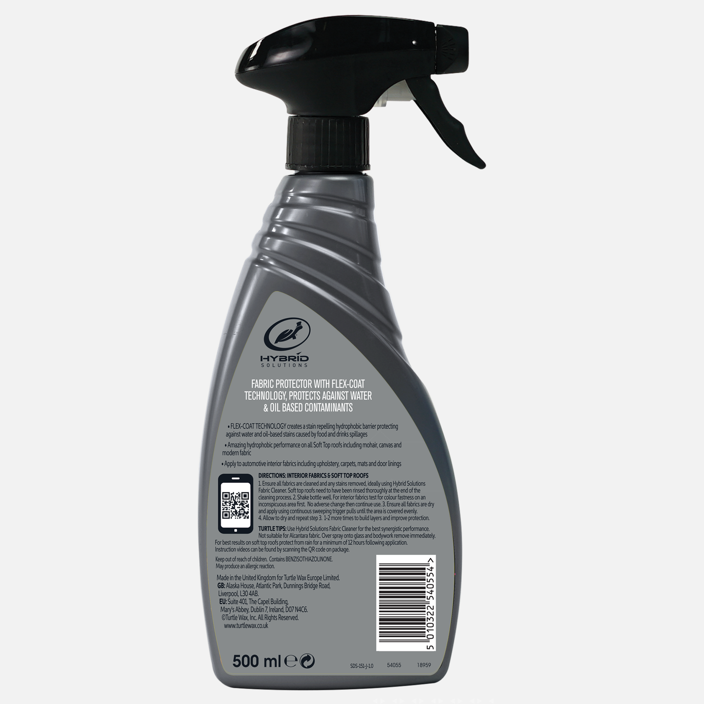 Turtle Wax Hybrid Solutions fabric protector spray. 500ml bottle with trigger. Guards auto interiors & soft tops against water & oil stains. Back of packaging