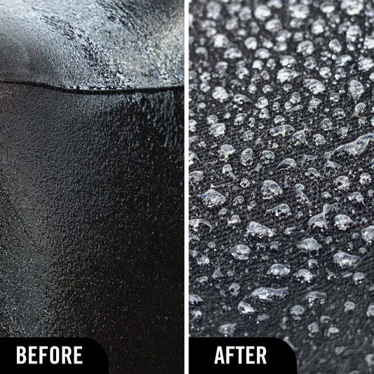 Before and after comparison of a textured surface with water droplets as a result of using hybrid Solutions Fabric Protector