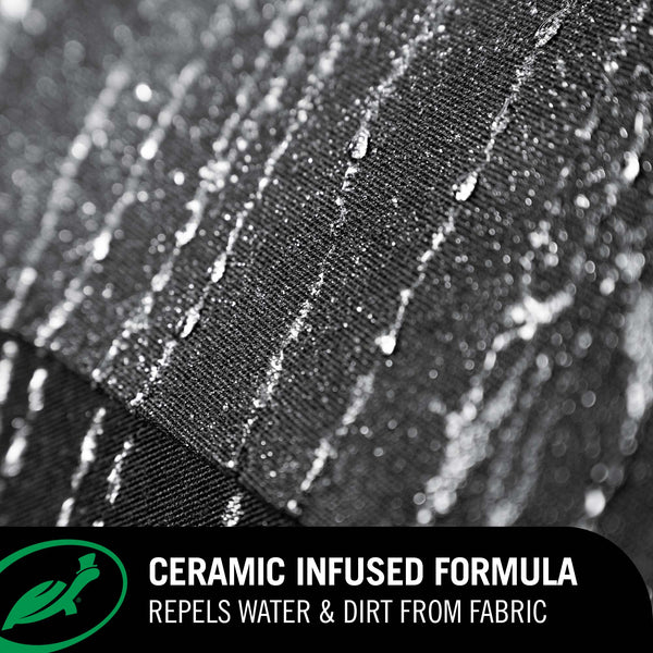 Textured fabric with water droplets and 'Ceramic Infused Formula' text.