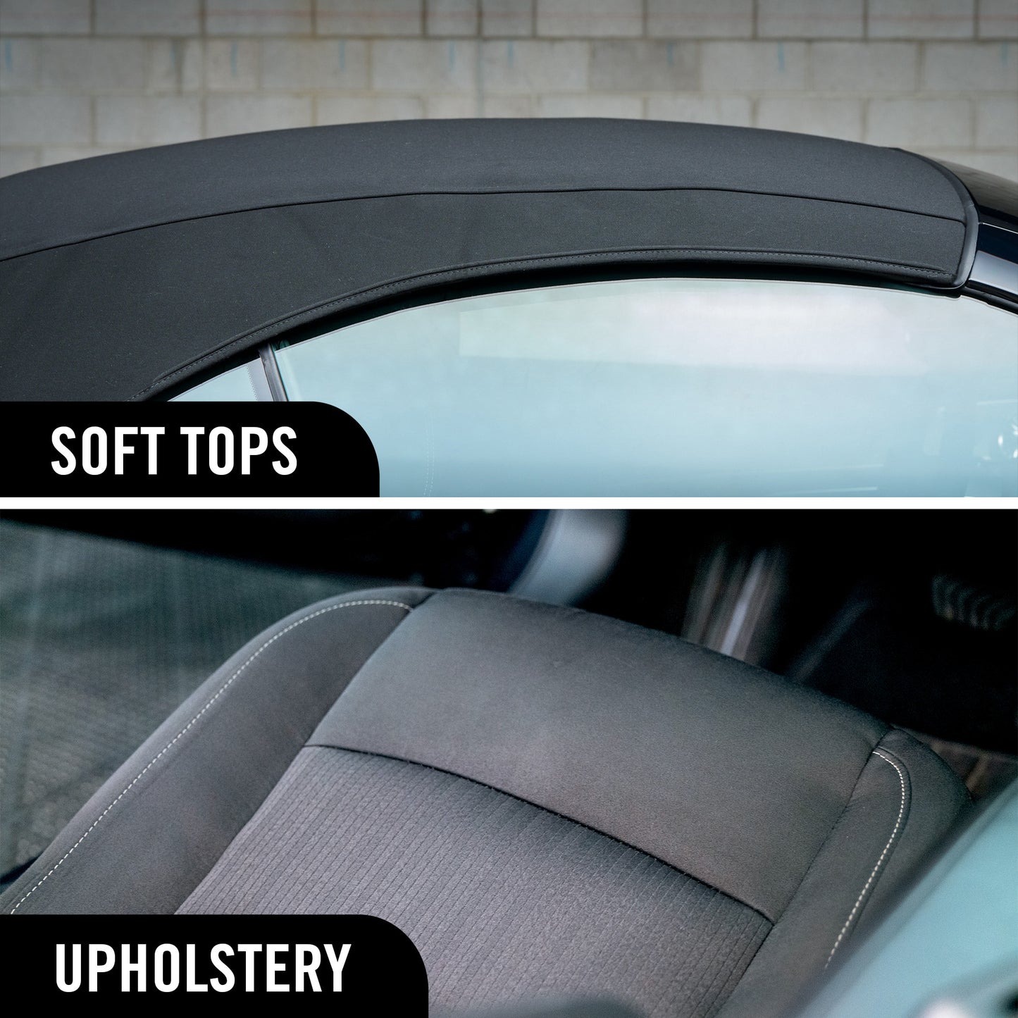 Demonstration of results after using Hybrid Solutions Fabris Protector on upholstery and a car soft top. 