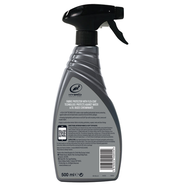 Turtle Wax Hybrid Solutions fabric protector spray. 500ml bottle with trigger. Guards auto interiors & soft tops against water & oil stains.