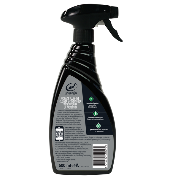 Product shot of the back side of a 500ML spray bottle of HS Ceramic Graphene Inside Job, displaying detailed usage instructions and safety information.