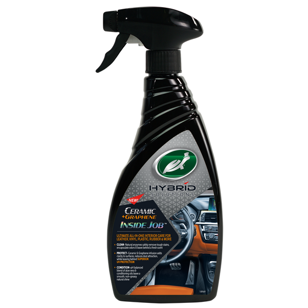 Render of HS Ceramic Graphene Inside Job 500ML cleaner bottle with bold black and blue label design, targeting interior detailing use.