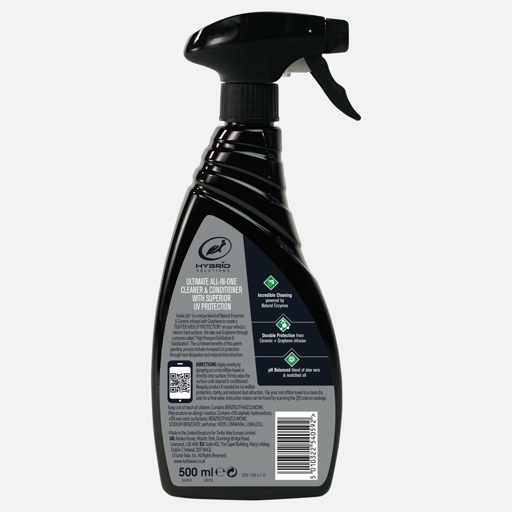 Turtle Wax Hybrid Solutions interior detailer. 500ml spray with ceramic and graphene for car dashboard/plastics cleaning and UV protection. Back of bottle