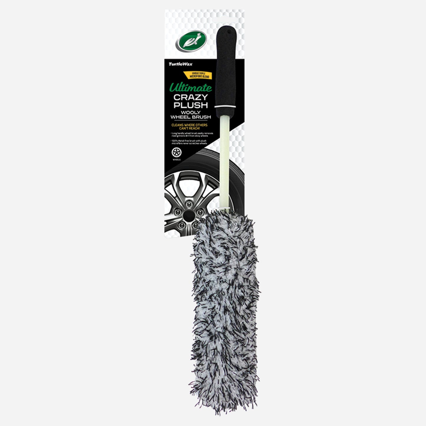 A Turtle Wax car cleaning tool, a long handled brush with plush, grey and black microfibre designed for cleaning alloy wheels.
