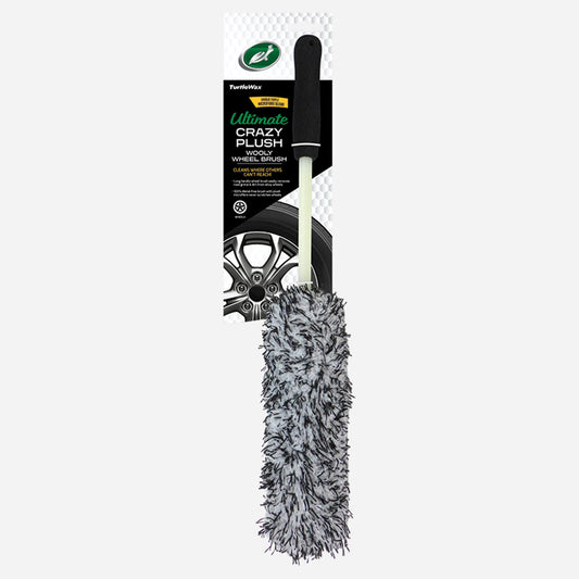 A Turtle Wax car cleaning tool, a long handled brush with plush, grey and black microfibre designed for cleaning alloy wheels.
