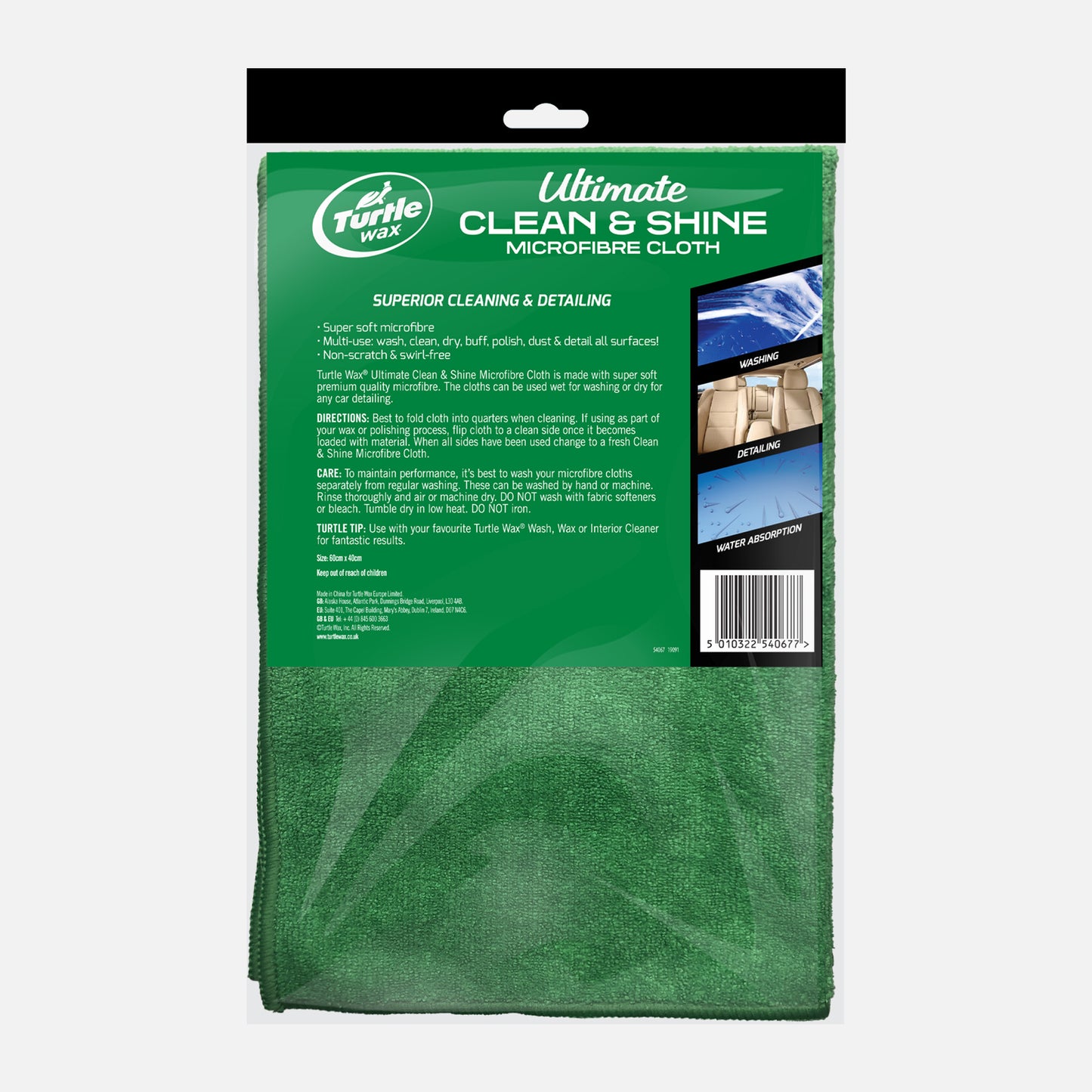 Turtle Wax microfibre cloths in green. Ideal for car cleaning, polishing & detailing. Super-soft, non-scratch finish. Pack of 3.