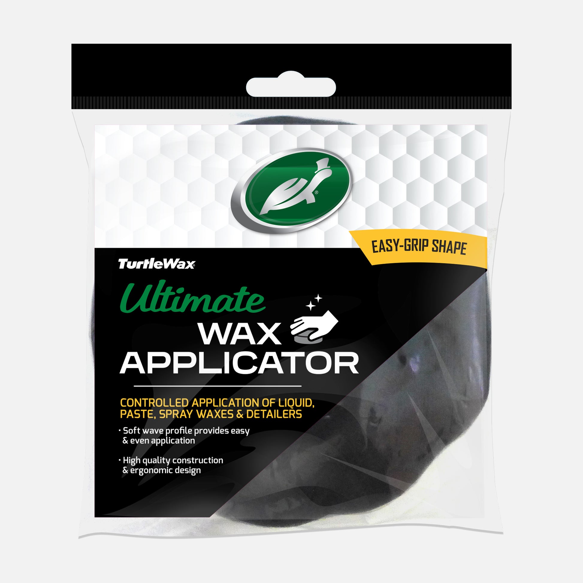 Turtle Wax Ultimate wax applicator, packaged with an easy-grip shape, for liquid, paste, and spray car waxes. Wave profile for even coverage.