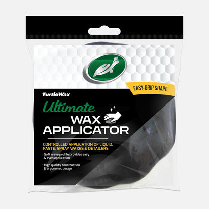 Turtle Wax Ultimate wax applicator, packaged with an easy-grip shape, for liquid, paste, and spray car waxes. Wave profile for even coverage.