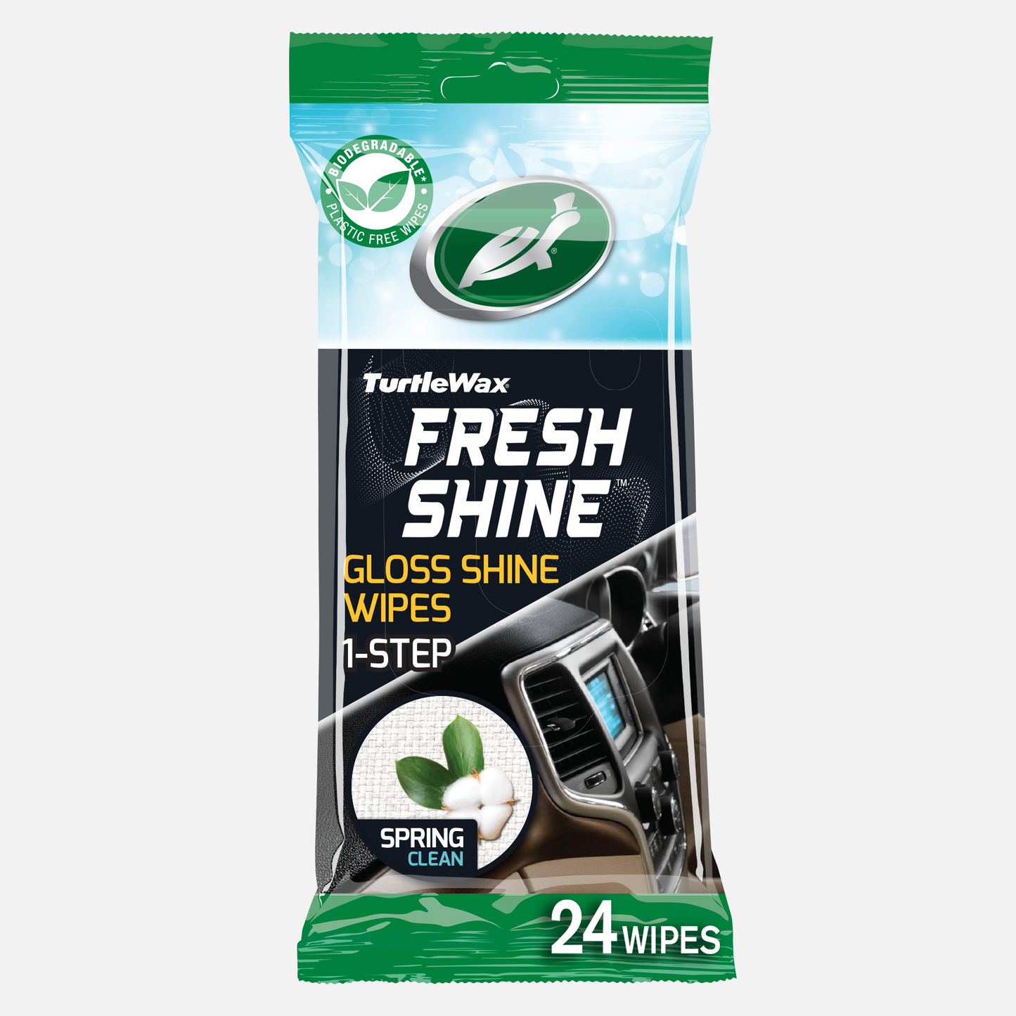 Turtle Wax Fresh Shine Wipes, 24 count. One-step cleaning wipes for car interior plastics. Spring fresh scent.