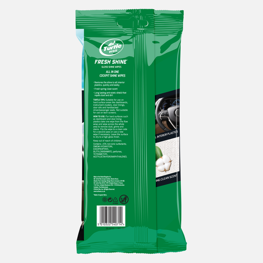 Turtle Wax Fresh Shine Wipes, 24 count. One-step cleaning wipes for car interior plastics. Spring fresh scent. Back of packet