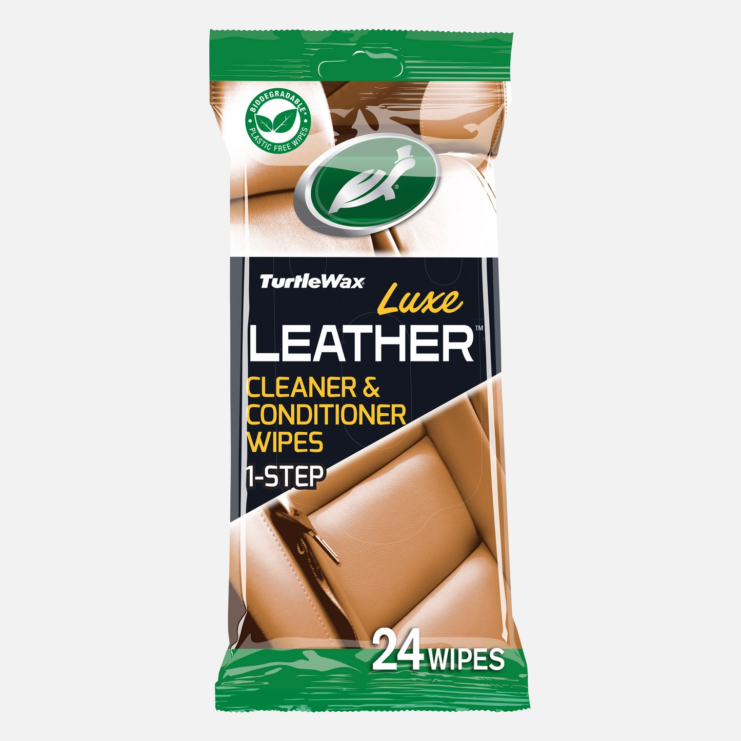 Turtle Wax Luxe Leather wipes, 24 pack. Leather care for car interiors, jackets, furniture and accessories. Cleans, conditions and protects.