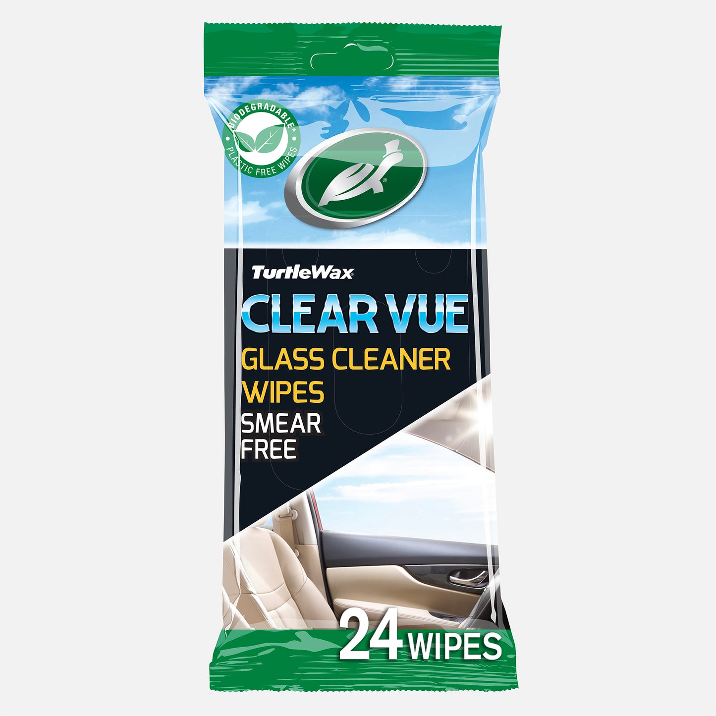 Turtle Wax ClearVue glass cleaning wipes for car interiors, with a pack of 24 wipes, and plastic free symbol.