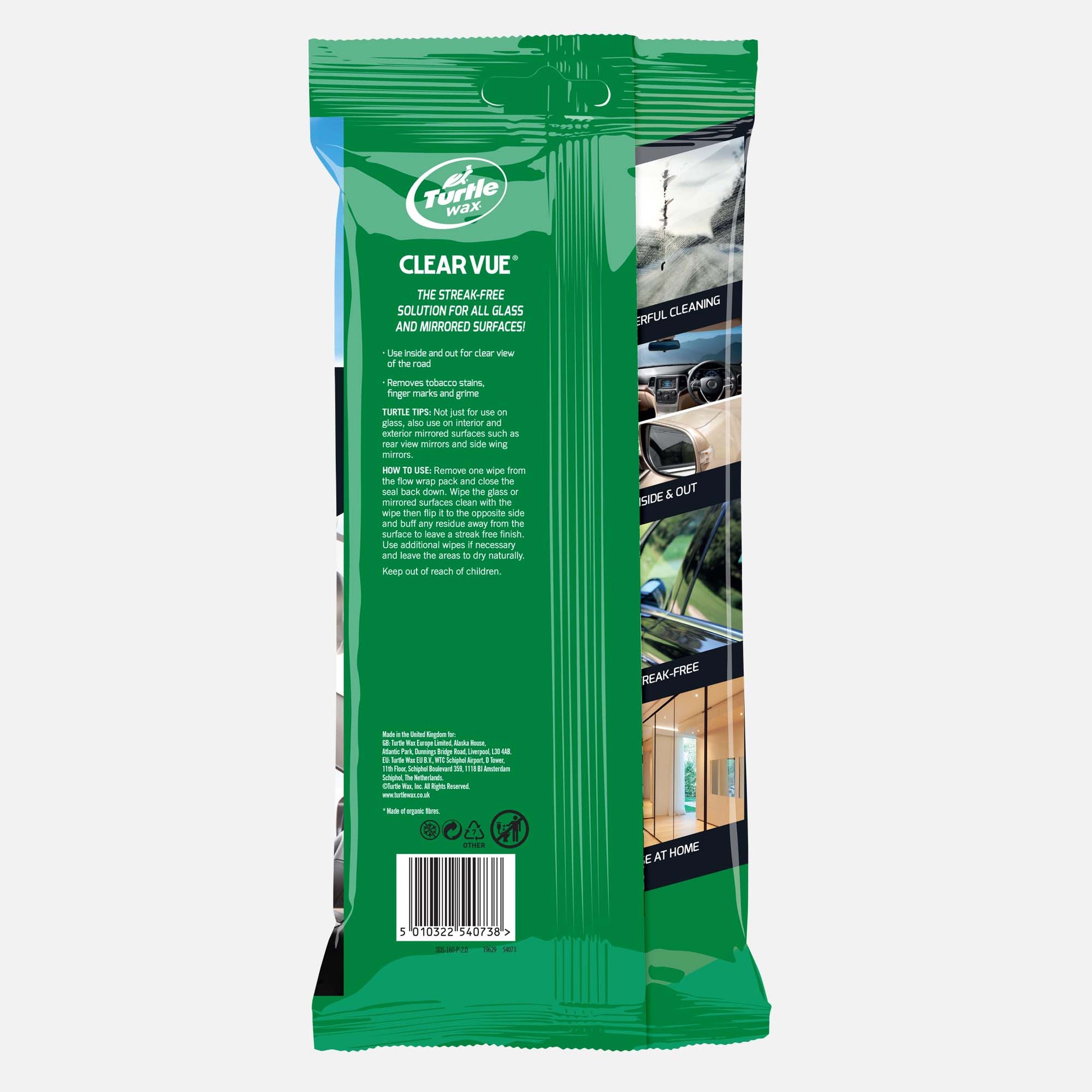 Green package of Turtledove Clear Vue glass cleaning wipes on a grey background