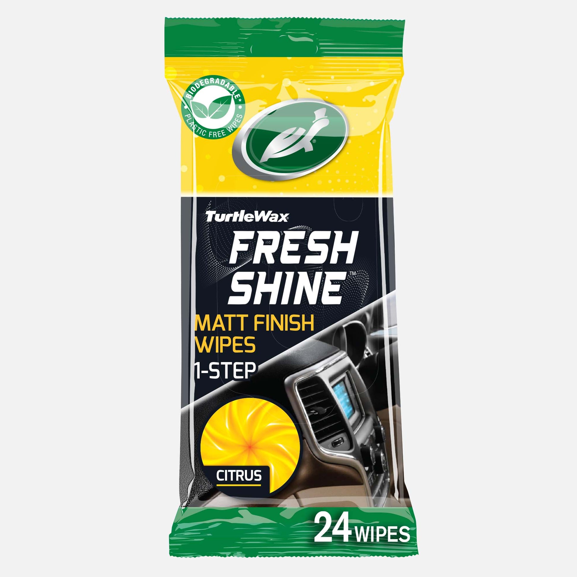 Turtle Wax Fresh Shine matt finish wipes for car interior. Citrus scent, 24 wipes. Plastic free.