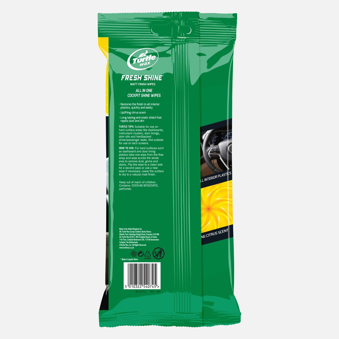 Turtle Wax Fresh Shine matt finish wipes for car interior back of packet. Citrus scent, 24 wipes. Plastic free.