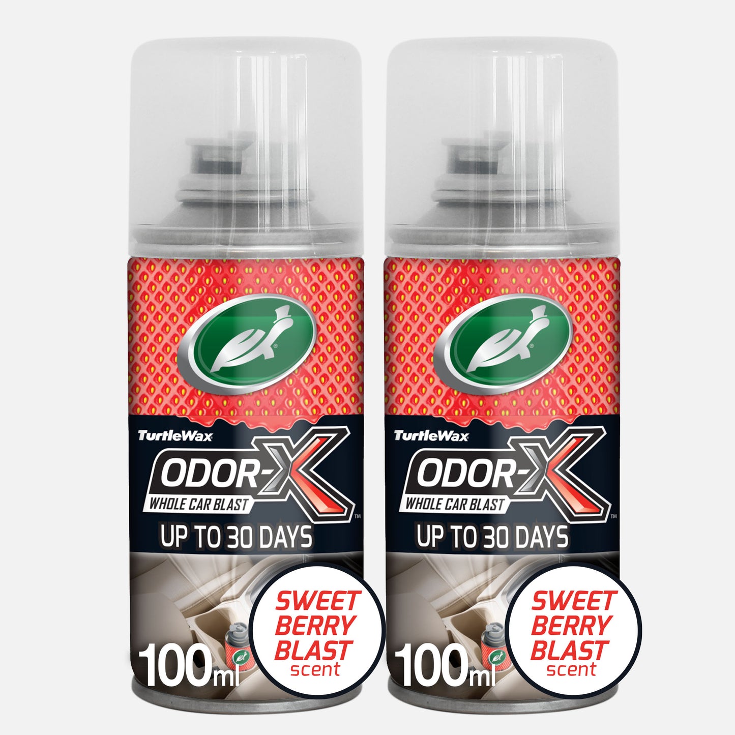 Turtle Wax odour eliminator: Dual "Sweet Berry" fragranced car air freshener. Whole car blast. Up to 30 days. Strawberry pattern.
