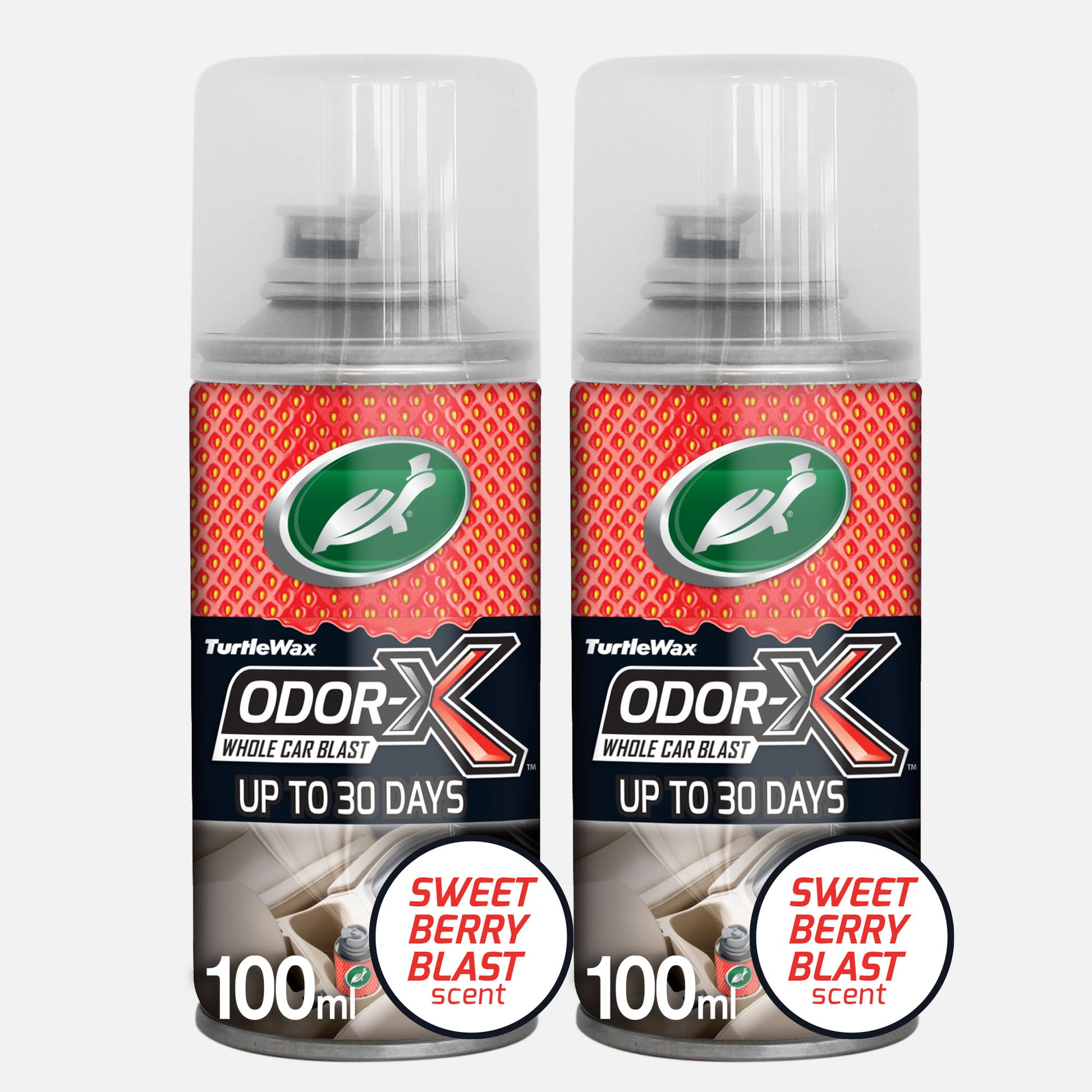 Turtle Wax odour eliminator: Dual "Sweet Berry" fragranced car air freshener. Whole car blast. Up to 30 days. Strawberry pattern.