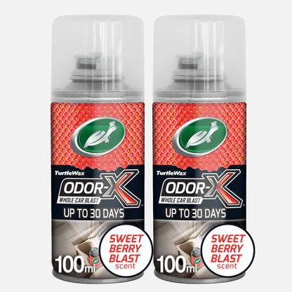 Turtle Wax odour eliminator: Dual "Sweet Berry" fragranced car air freshener. Whole car blast. Up to 30 days. Strawberry pattern.
