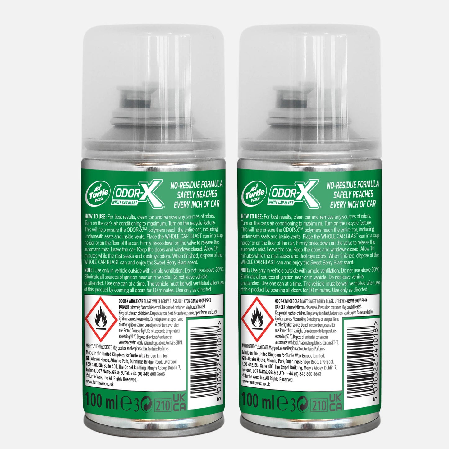 Two Turtle Wax odour eliminator cans. Car air freshener safely reaches every inch, leaving a sweet berry scent. 100ml.