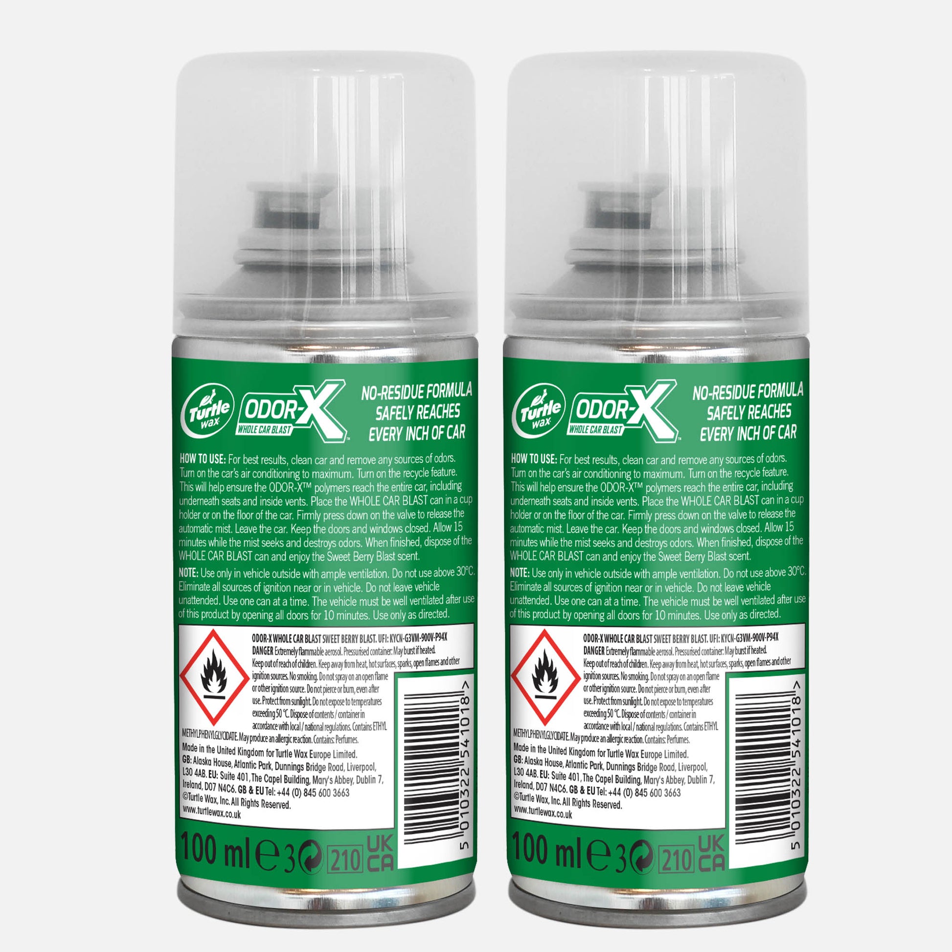 Two Turtle Wax odour eliminator cans. Car air freshener safely reaches every inch, leaving a sweet berry scent. 100ml.