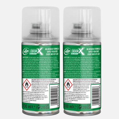 Two Turtle Wax odour eliminator cans. Car air freshener safely reaches every inch, leaving a sweet berry scent. 100ml.