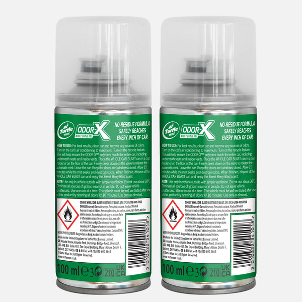 Two Turtle Wax odour eliminator cans. Car air freshener safely reaches every inch, leaving a sweet berry scent. 100ml.