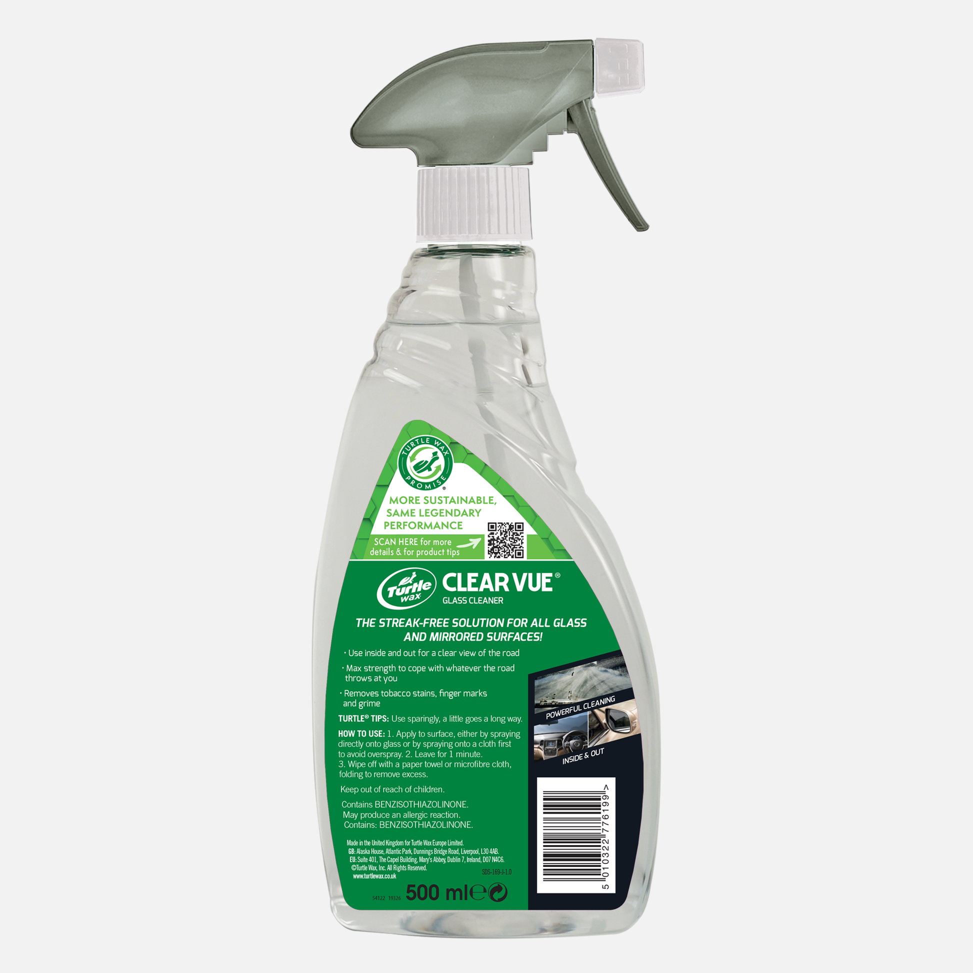 Turtle Wax ClearVue 500ml glass cleaner. Streak-free solution for glass and mirrored surfaces. Interior & exterior use.