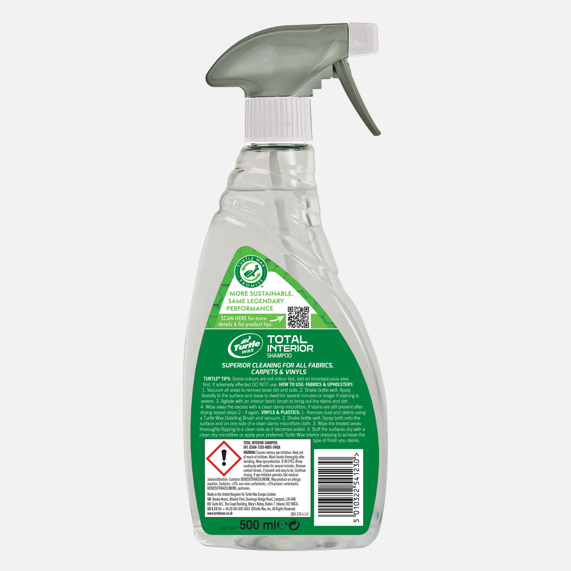 Turtle Wax Interior Shampoo (500ml). Car upholstery cleaner for superior dirt removal from fabrics, carpets, and vinyls. Use with detailing brush.
