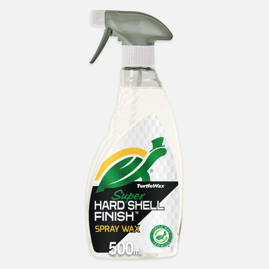 Turtle Wax Hard Shell Finish Original Spray Wax 500ml. Car wax, spray applicator and a running turtle with a top hat are pictured.