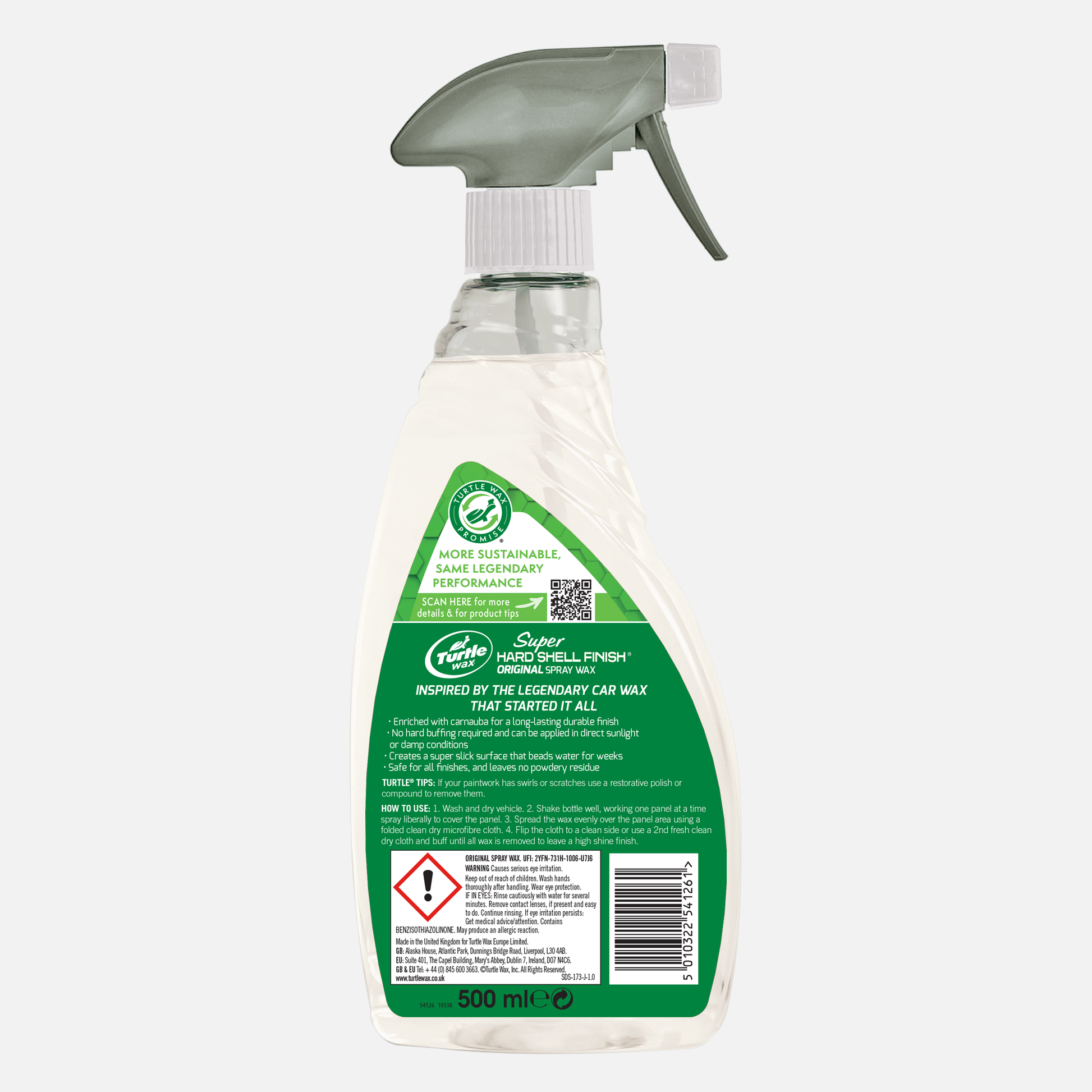 Turtle Wax Super Hard Shell Finish spray wax. A car detailing spray for achieving a durable, water-beading finish. 500ml volume.