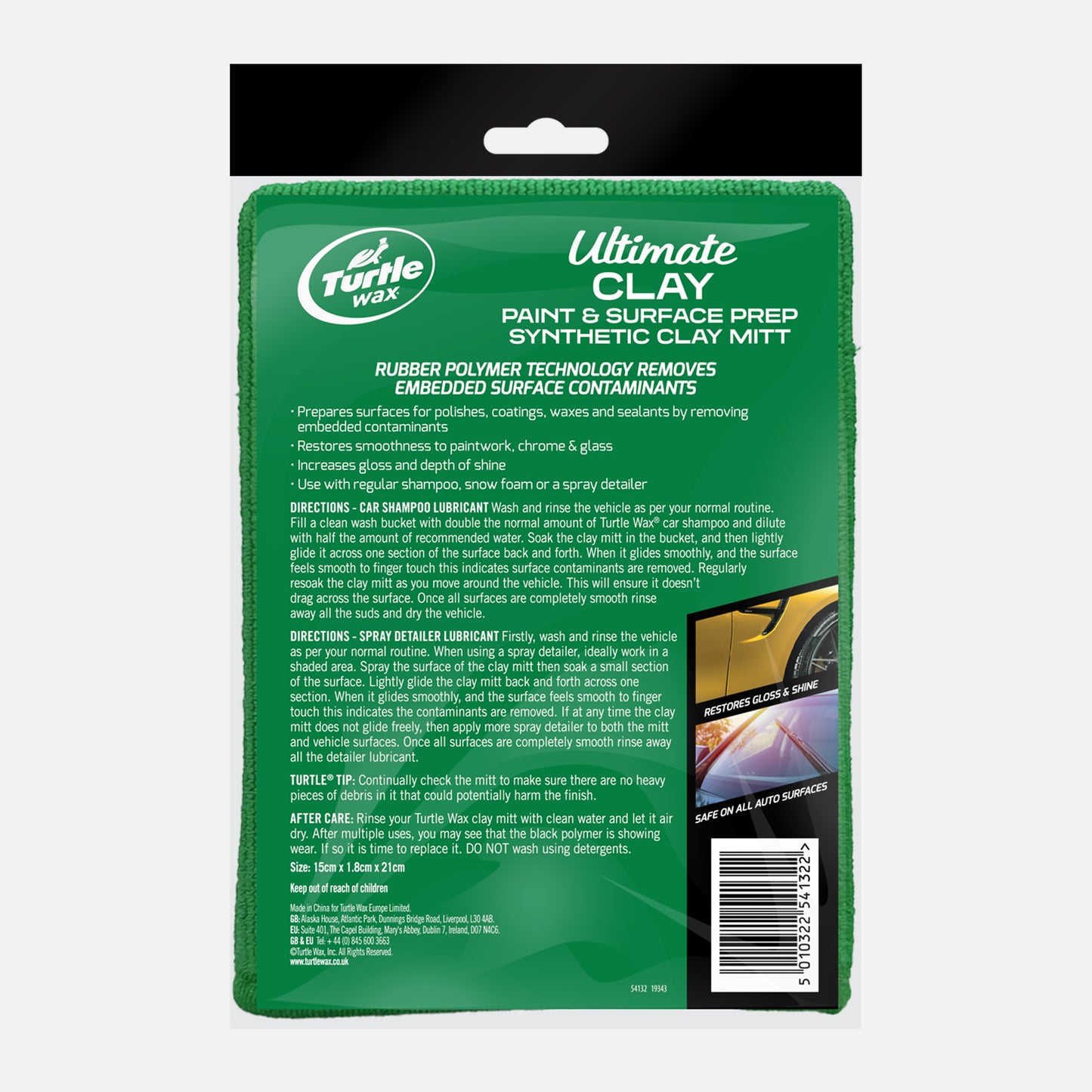 Turtle Wax Ultimate Clay Mitt prepares paintwork, chrome, & glass for polishing by removing embedded contaminants. Restores smoothness.