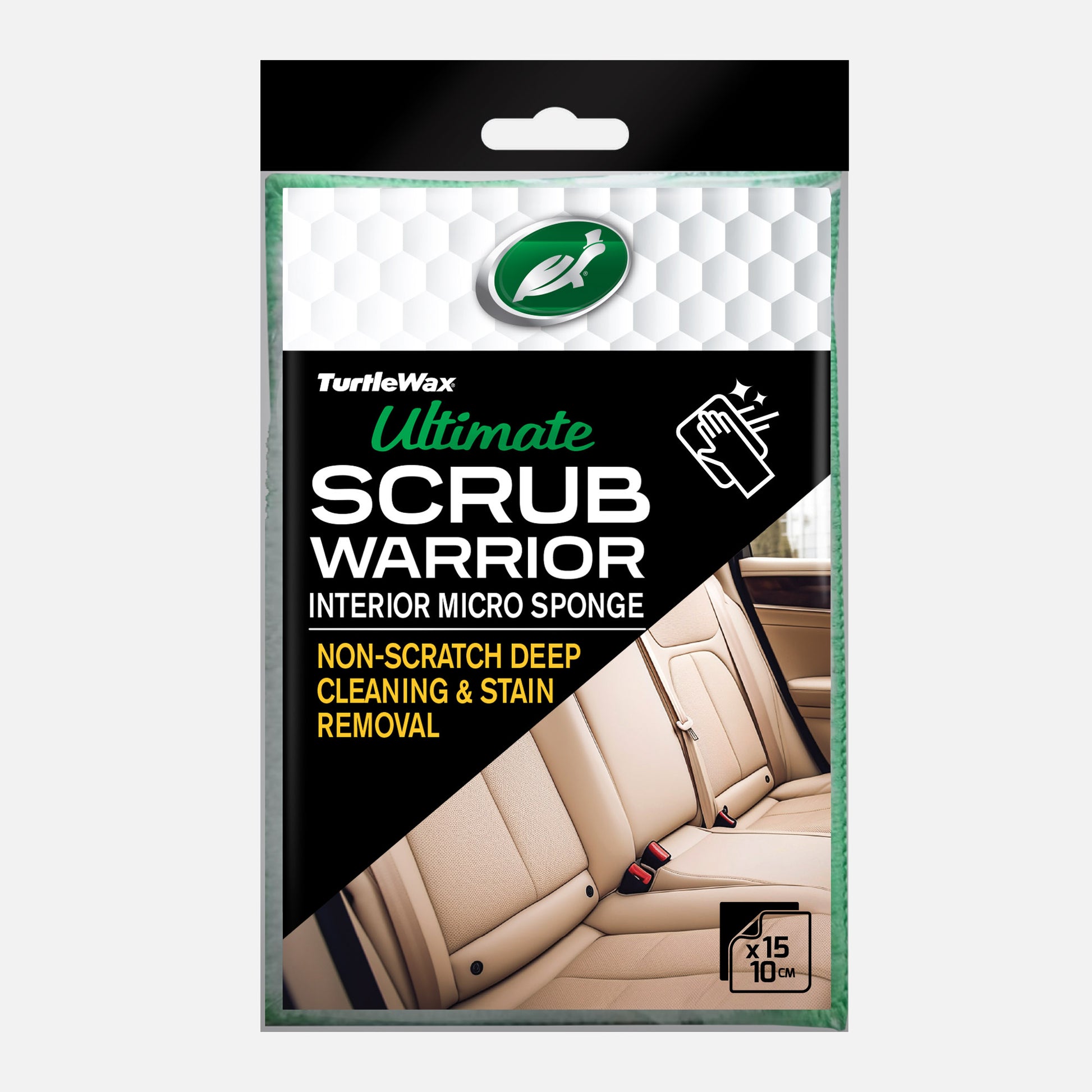 Turtle Wax cleaning product for vehicle interiors. The microfibre tool cleans leather, dashboards, steering wheels, plastics, and vinyl.