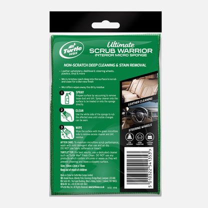 Turtle Wax Ultimate Scrub Warrior micro sponge for car interior cleaning. Non-scratch stain removal for leather, dashboards and more.
