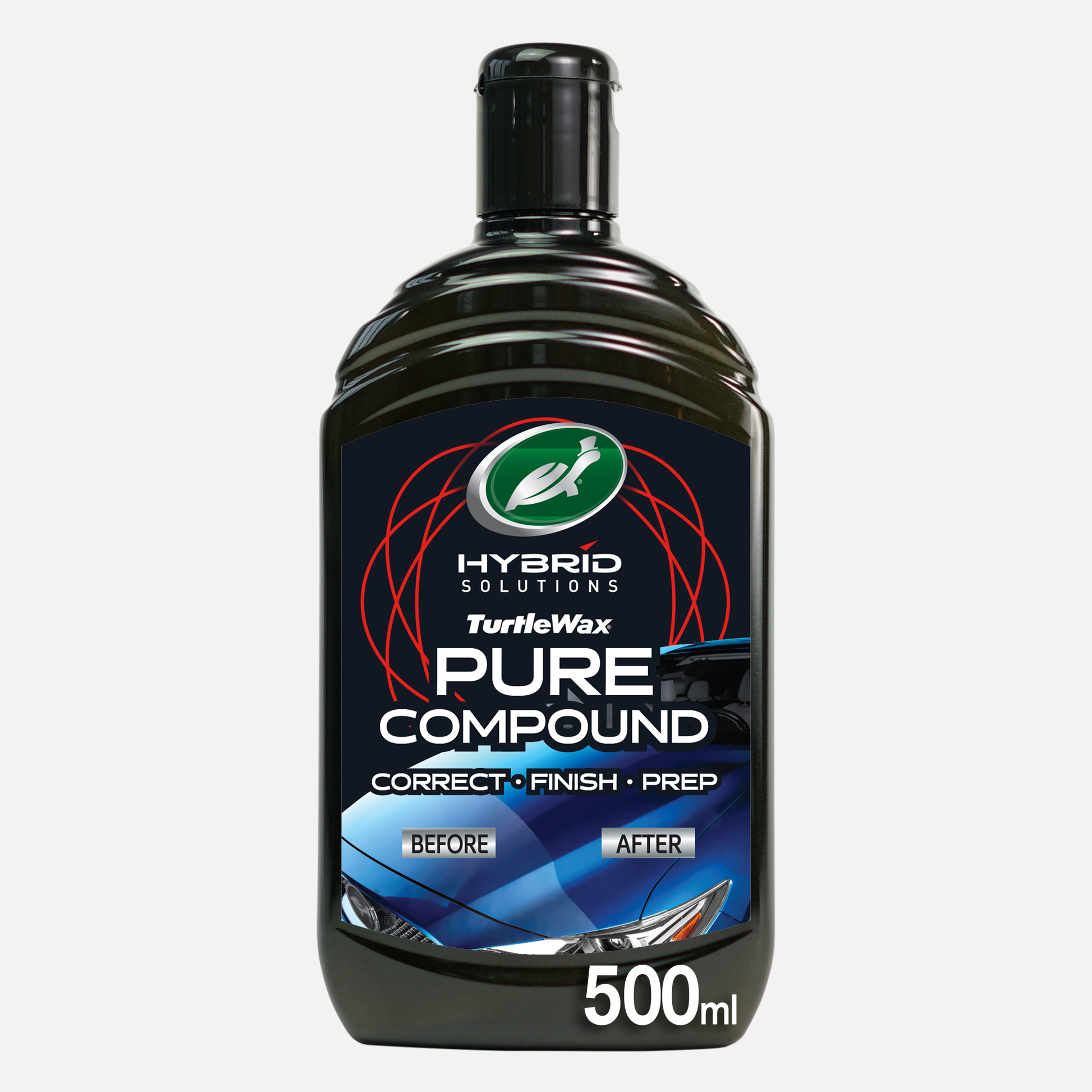 Turtle Wax Hybrid Solutions Pure Compound bottle. Car detailing formula to correct, finish, and prep. Polish for scratch and swirl removal.