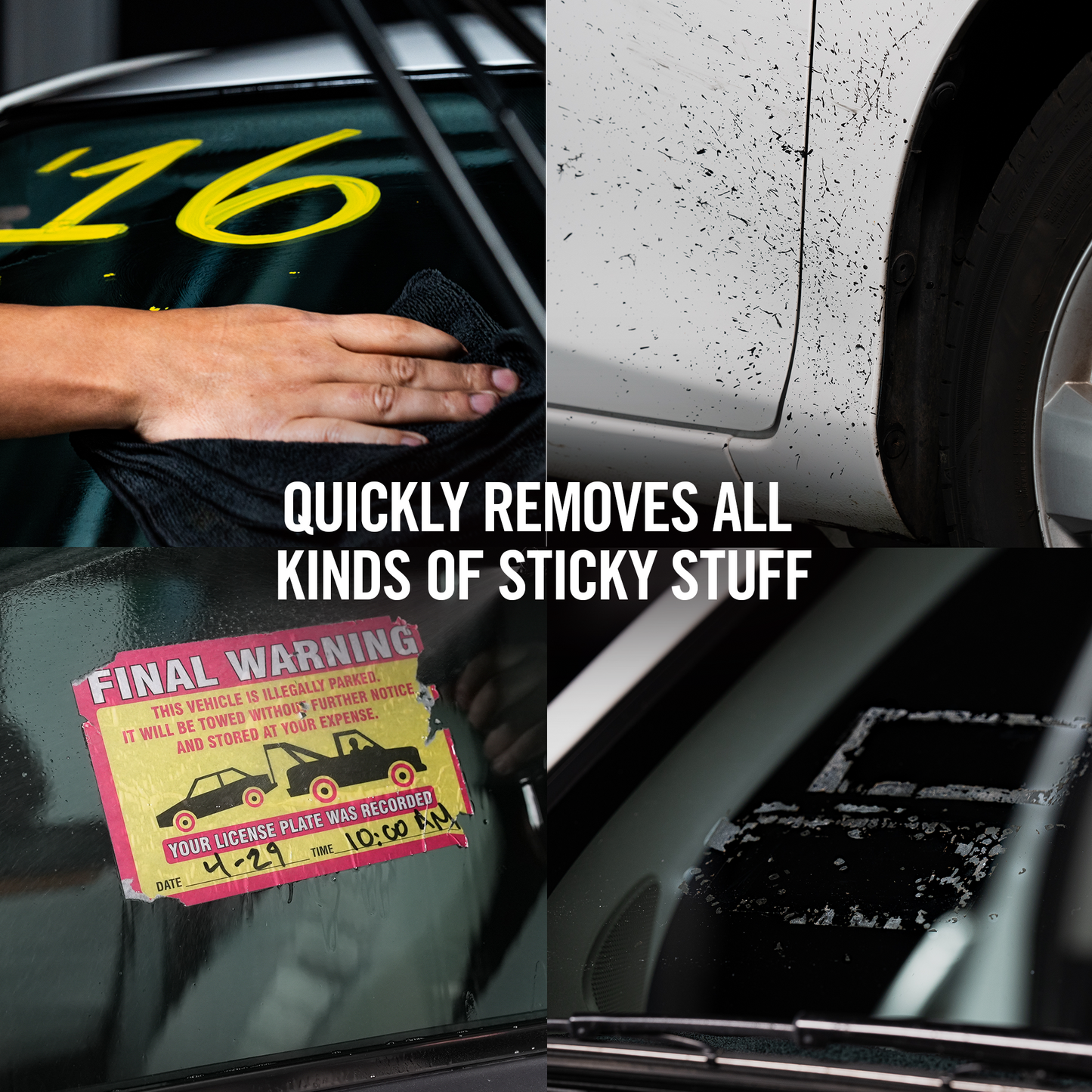 Car before & after cleaning of yellow decals, road tar, and a parking sticker. Perfect for removing adhesives and restoring your car's look.