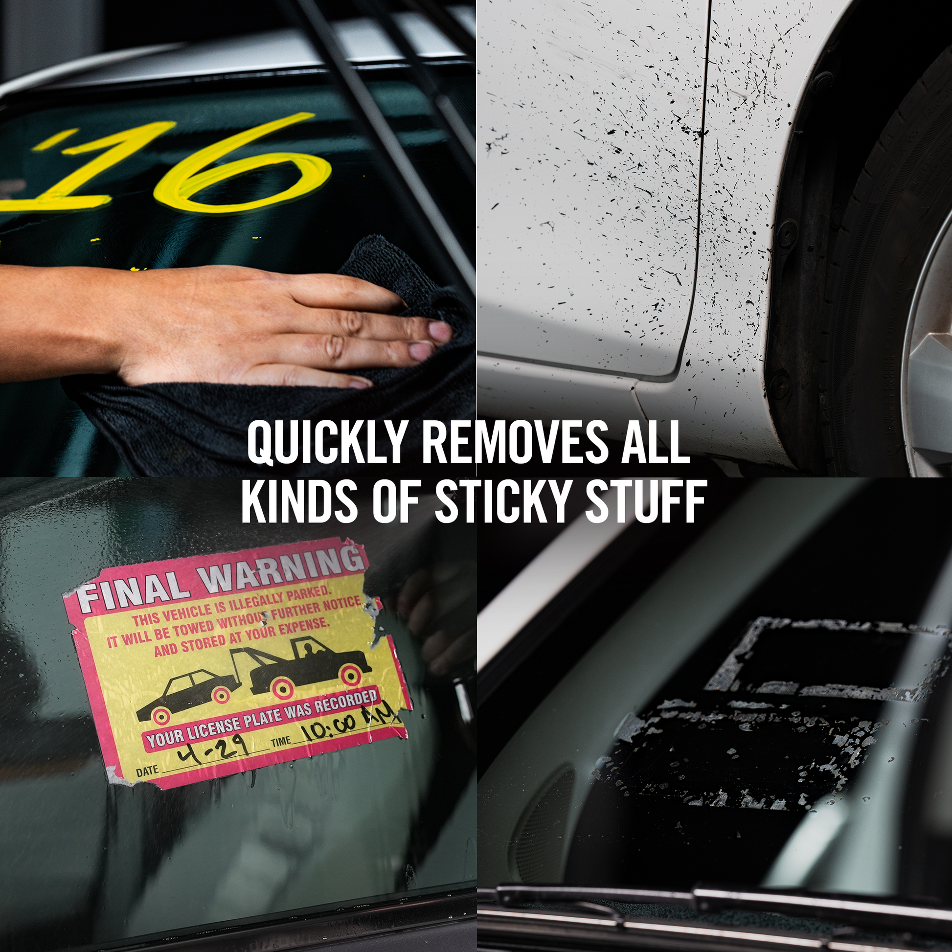 Car before & after cleaning of yellow decals, road tar, and a parking sticker. Perfect for removing adhesives and restoring your car's look.
