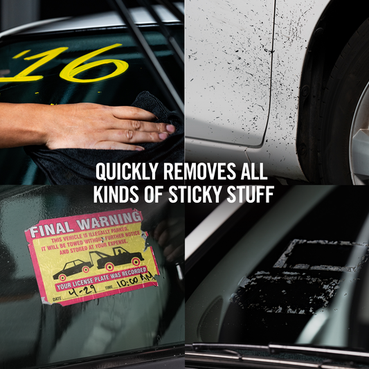 Car before & after cleaning of yellow decals, road tar, and a parking sticker. Perfect for removing adhesives and restoring your car's look.